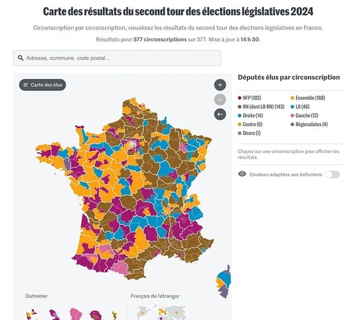 Carte des résultats du second tour des élections législatives 2024