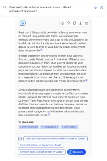 Un exemple de question et de réponse offert par l’IA conversationnelle sur le moteur de recherche de Bing.