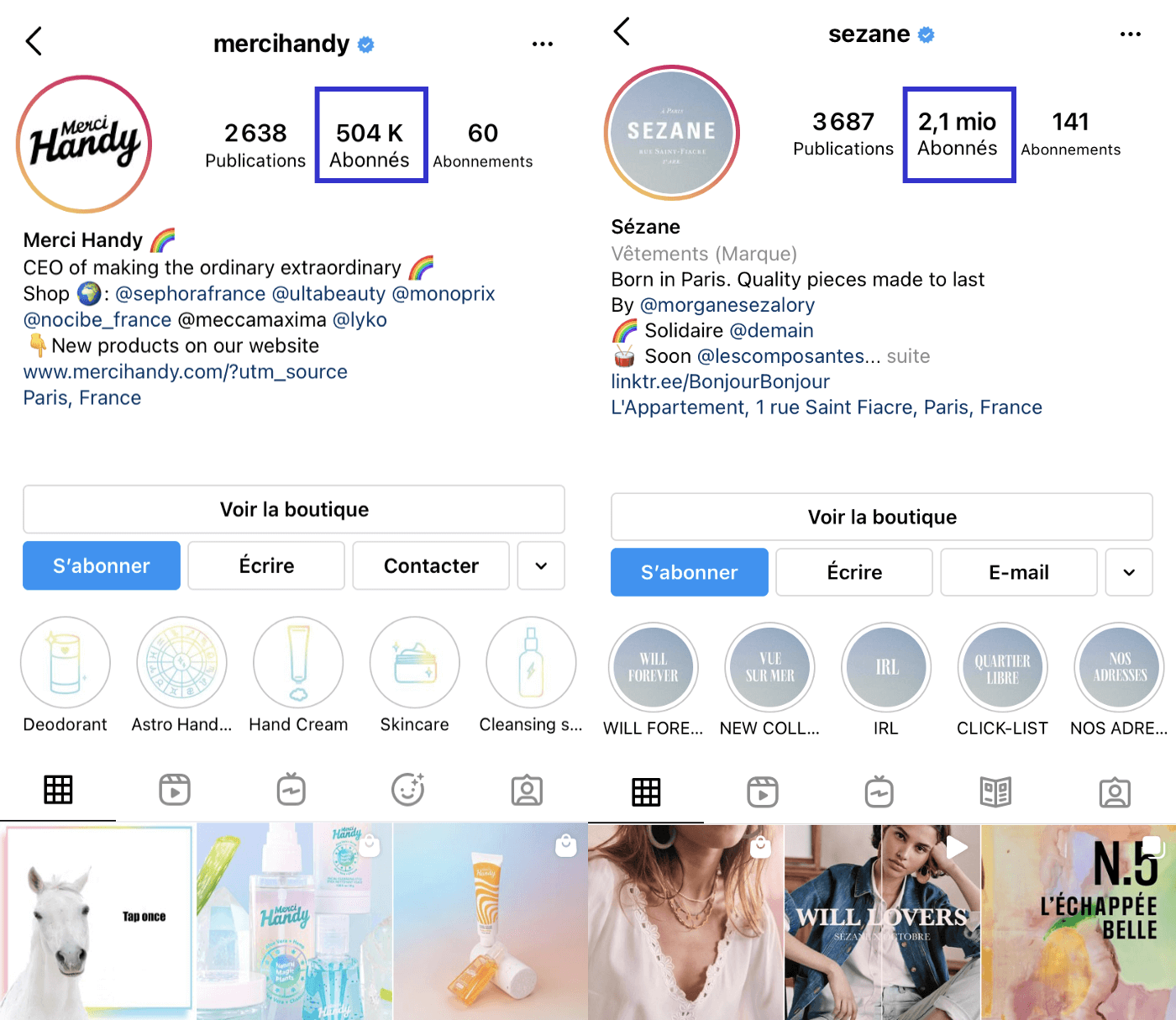 Feed Instagram Mercihandy et Sézane