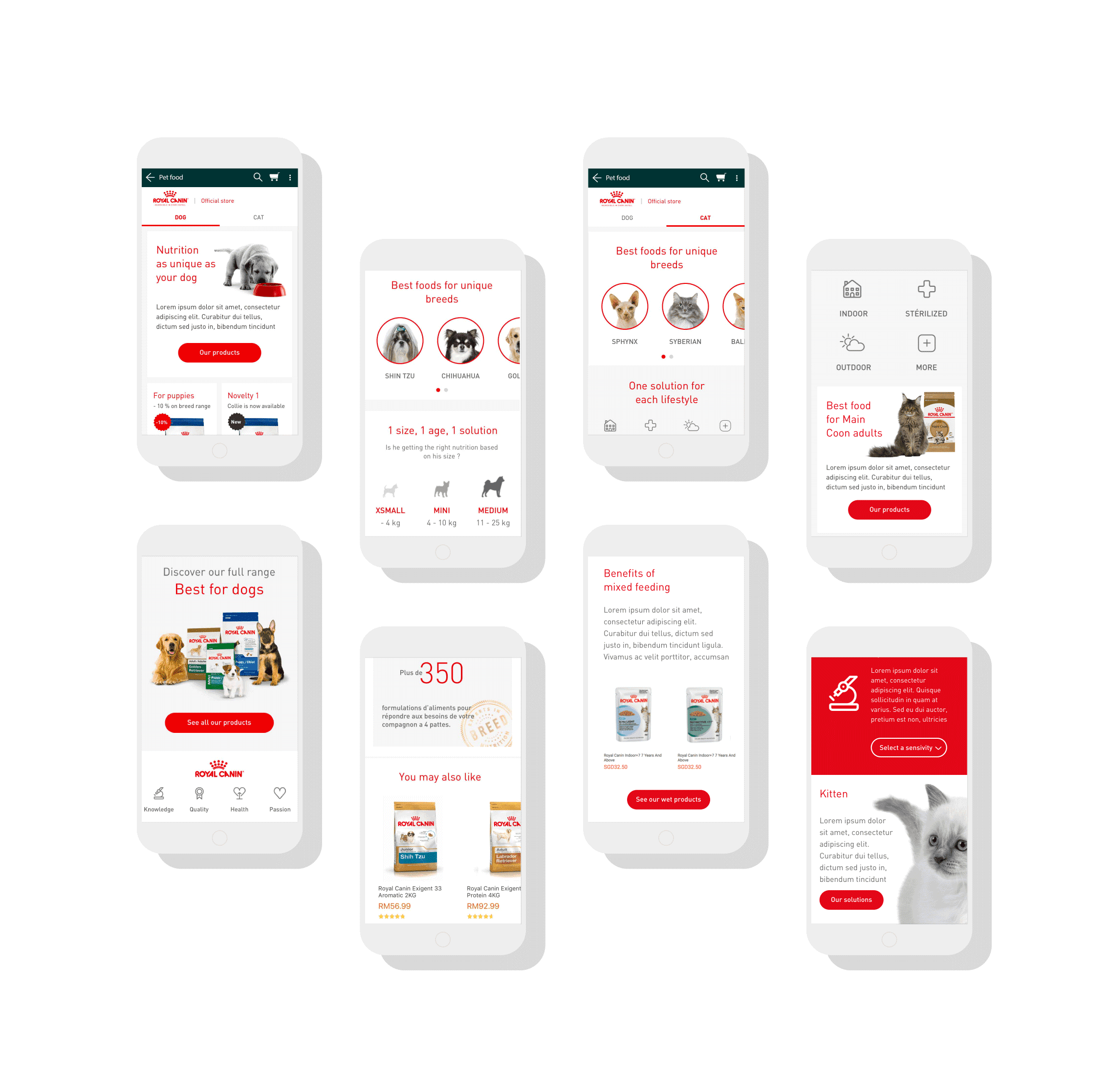 Différents pages mobiles du site Royal Canin