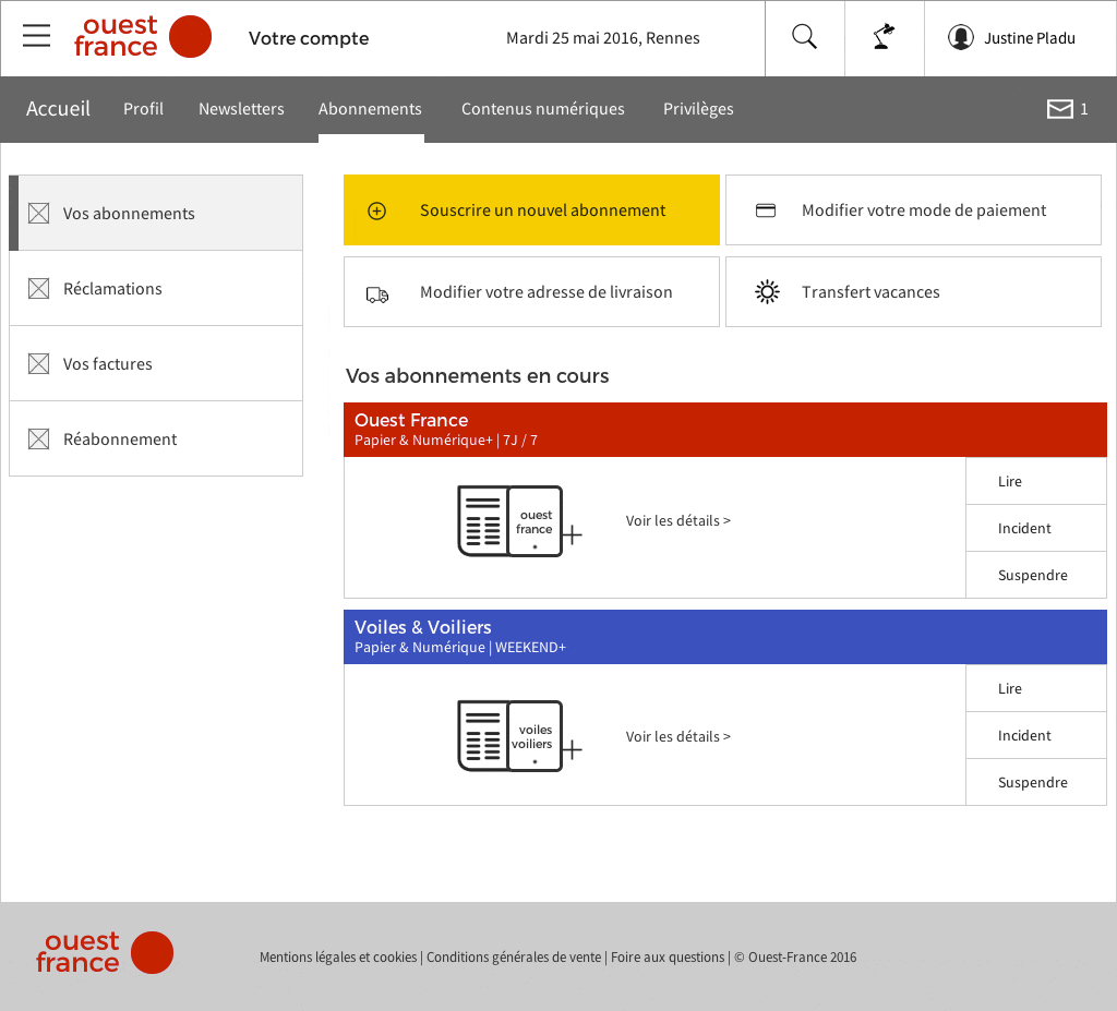 gestion des abonnements UX de Ouest France